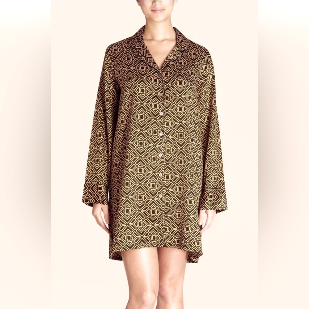 Natori Taipei Black Gold Geometric Button Up Womens Loungewear Sleepshirt Size L